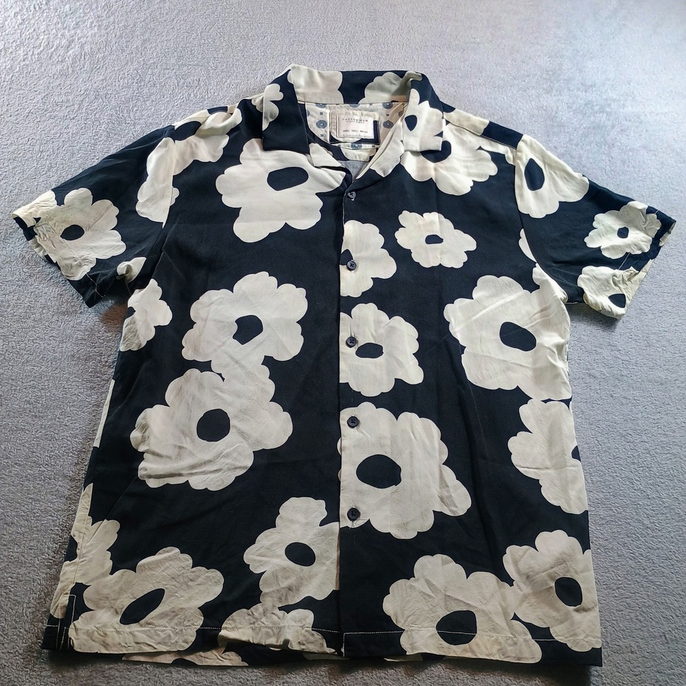 Cactus Man Mens Floral Button Down Black/White Large Viscose Camp Shirt